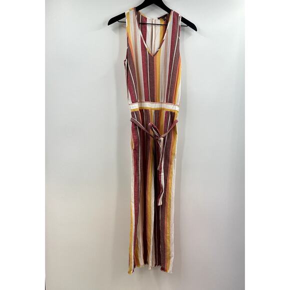 Anthropologie DREW Striped Linen Blend Jumpsuit Small Red Orange Yellow - Picture 1 of 10